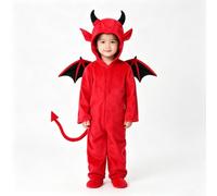 Kids Devil Halloween Costume, Hooded Onesie with Wings Tail for Boys Girls | Soft Polyester Zip Jumpsuit with Horns & Wings, Cute Red Devil Cosplay Outfit Halloween Party, Trick or Treat, Role Play