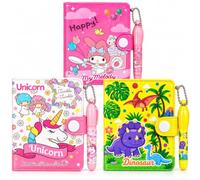 Kids Diary Notebook Set with Matching Pens, 3 Pack | Unicorn, Dino & My Melody, Snap Button Closure, Pen Attached via Chain, For Girls & Boys, Everyday Writing Journal