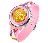 Kids Digital Sport Waterproof Watch for Girls Boys, Kid Sports Outdoor LED Electrical Watches with Luminous Alarm Stopwatch Child Wristwatch - Unicorn Pink