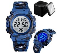 Kids Digital Sports Watch, 50M Waterproof Outdoor Wristwatch with LED Light, Stopwatch, Alarm, Date, Week Display, Countdown Timer, 12/24 Hour Format, Camouflage PU Band(Blue camo)