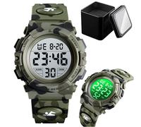 Kids Digital Sports Watch, 50M Waterproof Outdoor Wristwatch with LED Light, Stopwatch, Alarm, Date, Week Display, Countdown Timer, 12/24 Hour Format, Camouflage PU Band(Green camo)