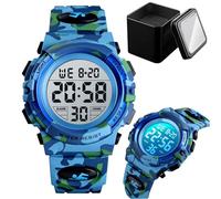Kids Digital Sports Watch, 50M Waterproof Outdoor Wristwatch with LED Light, Stopwatch, Alarm, Date, Week Display, Countdown Timer, 12/24 Hour Format, Camouflage PU Band(Light Blue camo)
