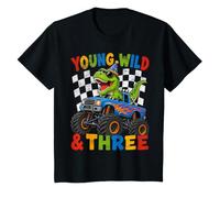 Kids Dinosaur 3rd Birthday Monster Trucks Young Wild and Three T-Shirt