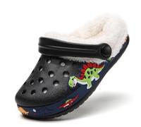 Kids Dinosaur Clogs Boys Girls Fur Lined Clogs Slippers Winter Warm Memory Foam Home Slippers Indoor Outdoor Non Slip Mules Black28