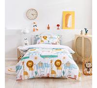 Kids Double Duvet Cover Set Jungle Animal Print Microfibre Bedding Sets Junior with 2 Pillow Cases Safari Lion Hippo Children's Bed Quilt Covers for Girls Boys Adult Multicoloured