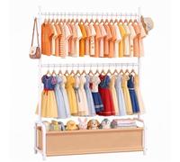 Kids Double Rod Clothes Rail with Storage Basket & Hooks, Portable Kids Dress Up Rail for Coats Skirts, Small Baby Childrens Dressing Up Rail for Hanging Clothes, Kids Wardrobe Organizer, White