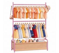 Kids Double Rod Clothes Rail with Storage Basket & Hooks, Portable Kids Dress Up Rail for Coats Skirts, Small Baby Childrens Dressing Up Rail for Hanging Clothes, Kids Wardrobe Organizer, Pink