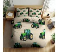Kids Double Tractor Duvet Cover Set for Boys, Adventure Elements Green Tractor Quilt Cover Bedding Set Easy Care Bed Linen Soft Microfiber Bedding with Zipper Closure, Farm Theme for Teenagers
