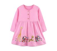 Kids Dress Cute, Cartoon Animal Embroidered Casual Dresses, Soft Cotton Fabric, Button Front, Long Sleeves, Perfect for Playdates & Family Outings, Age 1-7 Years