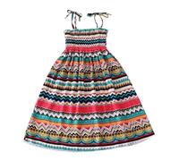 Kids Dress up Carnival Little Bohemian Dresses Floral Sleeveless Rainbow Beach with Necklace Summer Casual Dress(Green,5-6 Years)