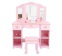 Kids Dressing Table and Chair Set, Girls Wooden Vanity Table with Mirrors & Drawers Folding Makeup and Study Desk with Open Shelves, Compact Storage for Toddler Bedroom Playroom, Pink