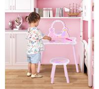 Kids Dressing Table Girls Pink Wooden Kids Dressing Table & Stool Make Up Desk Chair Toys Fairy Dresser Play Set w/Mirror