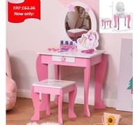 Kids Dressing Table, Girls Vanity Set w/ Mirror and Stool, Unicorn-Designed