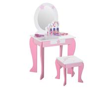 HOMCOM Girls Dressing Table w/ Mirror & Stool, Kids Dressing Table, Unicorn Pretend Play Toy for Toddles Age 3-6 Years, Acrylic Mirror, Pink & White