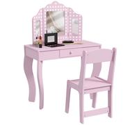 Kids Dressing Table Set Pink MDF 71x34x102.5cm with Stool & Tri-Fold Mirror Play