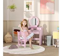 AIYAPLAY Kids Mirrored Dressing Table Set with Stool and Drawers - Pink, Pink