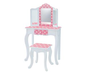 Kids Dressing Table & Stool, Vanity Set & Mirror, Polka Dots Pink by Teamson