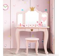 Kids Dressing Table Vanity Set Wooden Stool w/ Detachable Mirror