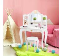 Kids Dressing Table Vanity Set Wooden Stool w/Tri-folding Mirror