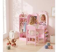 Kids Dressing Table with Stool, 2-Colour Lights Mirror, Drawer for Age 3-8 Pink