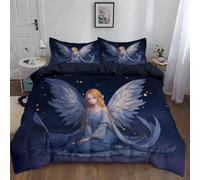 Kids Duvet Cover Sets Pastel Duvet Covers Anime Style Angel GirlPattern Bed Sets 3 Pieces 1 Duvet Cover and 2 Pillow Cases Dark Blue Bedding for Kids (Single)