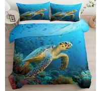 Kids Duvet Cover Sets Pastel Duvet Covers Photography Sea Fish Turtles Pattern Bed Sets 3 Pieces 1 Duvet Cover and 2 Pillow Cases Double Sided Bedding for Kids (King)
