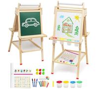 Kids Easel 3 in 1 Double Sided Chalkboard Whiteboard with Paper Roll Wooden Art Easel Mini Painting Board Standing Easel Height Adjustable with Storage Tray Letters Numbers and Other Accessories
