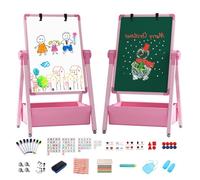 Kids Easel Double-Sided Iron Art Easel with Paper Clip Foldable Drawing Board Height Adjustable Standing Easel 360° Rotatable Whiteboard Chalkboard with Letters Numbers for Boys Girls Toddlers