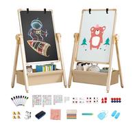Kids Easel Double-Sided Iron Art Easel with Paper Clip Foldable Drawing Board Height Adjustable Standing Easel 360° Rotatable Whiteboard Chalkboard with Letters Numbers for Boys Girls Toddlers