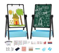 Kids Easel Double-Sided Iron Art Easel with Paper Clip Foldable Drawing Board Height Adjustable Standing Easel 360° Rotatable Whiteboard Chalkboard with Letters Numbers for Boys Girls Toddlers