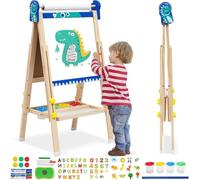 Kids Easel Double Sided Toddler Wooden Easels Chalkboard Whiteboard Wooden Art Easel Height Adjustable 95-125cm(37.4-49.2in) with Paper Roller Numbers Alphabet Animal Accessories