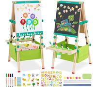 Kids Easel Double-Sided Whiteboard & Chalkboard Standing Easel Wooden Art Easel Height Adjustable with Numbers Alphabet and Other Accessories Large Storage Bag for Toddlers Boys Girls