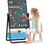 Kids Easel Foldable Easel with 29.5-44 in(74-112cm) Height Adjustable Standing Art Easel 360° Rotatable Double-Sided Whiteboard Chalkboard with Letters Numbers for Toddlers Boys Girls (Black)