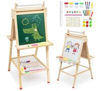 Kids Easel with Paper Roll Double Sided Chalkboard Whiteboard Toddler Wooden Painting Art Standing Easel Height Adjustable with Storage Tray Letters Numbers and Other Accessories