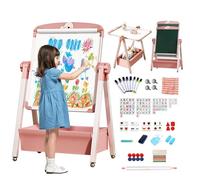 Kids Easel with Paper Roll Double-Sided Iron Art Easel Foldable Drawing Board Height Adjustable Standing Easel 360° Rotatable Whiteboard Chalkboard with Letters Numbers for Boys Girls Toddlers