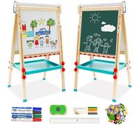 Kids Easel with Paper Roll Double-Sided Whiteboard & Blackboard Adjustable Standing Wooden Art Easel with Numbers and Other Accessories Gift for Toddlers Boys Girls(Penguin)