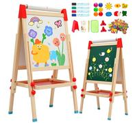 Kids Easel with Paper Roll Double-Sided Whiteboard & Blackboard Adjustable Standing Wooden Art Easel with Numbers and Other Accessories Gift for Toddlers Boys Girls(T04)