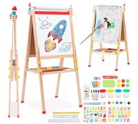Kids Easel with Paper Roll Double-Sided Whiteboard & Chalkboard Height Adjustable Standing Easel Wooden Art Easel with Folding Storage Tray Numbers and Other Accessories Gift for Toddlers Boys Girls