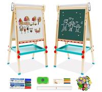 Kids Easel with Paper Roll Double-Sided Whiteboard Chalkboard Wooden Art Easel Height Adjustable Standing Easel 68-114 cm with Numbers and Other Accessories Drawing Board for Toddlers (Penguin)