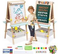 Kids Easel with Paper Roll Double-Sided Whiteboard & Chalkboard Wooden Art Easel Height Adjustable Standing Easel with Bead Numbers Alphabet Animal Accessories for Toddlers Boys Girls