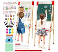 Kids Easel with Paper Roll Double-Sided Wooden Art Easel Easel for Kids Whiteboard & Chalkboard Adjustable Standing Toddler Easel with Accessories Birthday Gift for Boys and Girls