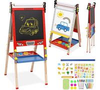 Kids Easel with Paper Roll Foldable Double-Sided Whiteboard & Chalkboard Wooden Art Easel Height Adjustable Standing Easel with Numbers and Other Accessories for Kids and Toddlers (Red Car)