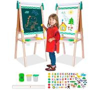 Kids Easel with Paper Roll Wooden Art Easel Double-Sided Whiteboard & Blackboard Height Adjustable Standing Easel with Numbers and Other Painting Accessories Storage Tray for Toddlers