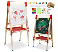 Kids Easel with Paper Roll Wooden Art Easel Double-Sided Whiteboard Blackboard Standing Height Adjustable Easel 27-45in(68-114cm) with Numbers and Other Accessories Foldable Drawing Board for Kids