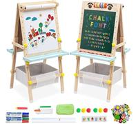 Kids Easel with Paper Roll Wooden Art Easel Height Adjustable Standing Easel with Bead Numbers Alphabet Animal Accessories Double-Sided Whiteboard & Chalkboard for Toddlers Boys Girls