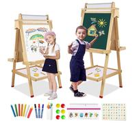 Kids Easel Wooden Art Easel Double-Sided Standing Easels Height Adjustable Painting Drawing Board Chalkboard Blackboard,Whiteboard with Paper Roll Letters Numbers and Other Accessories