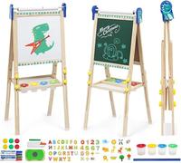 Kids Easel Wooden Easels with Paper Roll Foldable Double Sided Chalkboard Whiteboard Height Adjustable Wooden Art Easel with Folding Storage Tray Number Animal Accessories Painting Set for Boy Girl