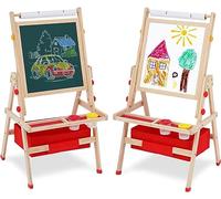 Kids Easel Wooden Kids Art Easel Double-Sided Standing Easel for Kids Height Adjustable Preschool Art Easel with Paper Roll Storage Box Watercolor Pen for 3-10 Years Old (Red)