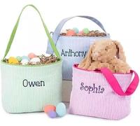 Kids Easter Basket Personalized, Easter Bucket Monogrammed, Easter Seersucker Tote, Easter Egg Hunt, Embroidered Boys Girls Easter Basket