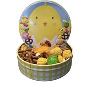 Kids Easter Treats Tin with Chocolate-Covered Pretzels, Jelly Beans, Popcorn, White Chocolate Buttons - Reusable Tin with Yellow Chick Design - Great For Easter Egg Hunts For Boys and Girls